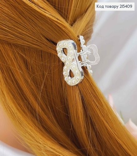 Краб металл, Знак бесконечности с жемчужиной по обедочку, серебряного цвета, 3см. 215409 фото 2