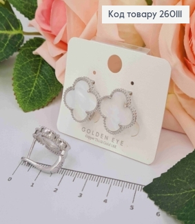 Серьги Van Cleef с перламутровой эмалью, 1,7см, англ. заст., серебряного цвета, сталь GOLDEN EYE 260111 фото