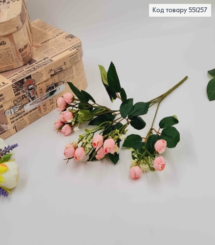 Композиция РОЖЕВАЯ "Букет мелких пионов Камелия с декором", высотой 30см, 15 бутонов по 2см 551257 фото 1