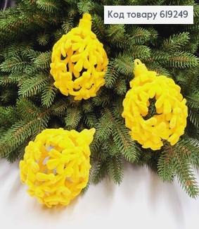 Новогодняя игрушка Веточка, дутая, бархат, цвет ЖЕЛТАЯ диам.90мм, 3шт/уп, Украина 619249 фото