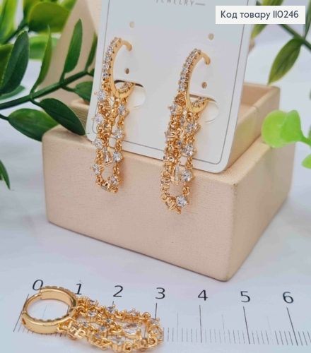 Серьги кольца в Блестящих камнях с подвесными цепочками в камешки, размер 1,2+2см, Xuping 18K 110246 фото 1