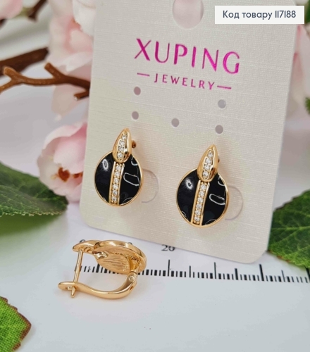 Серьги с черной эмалькой и камешками, размер 1,3*0,8см, XUPING 18K 117188 фото 2