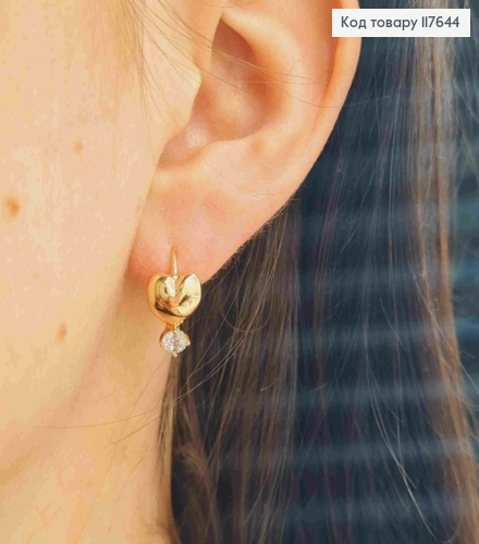 Серьги кольца, "Сердце" с Блестящим камешком, диаметр 1,5см, Xuping 18К 117644 фото 3