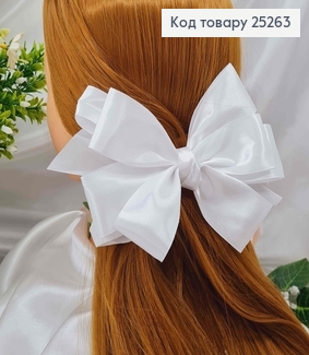 Заколка Бант, Атласный Белый, 16см, ручная работа, Украина. 25263 фото