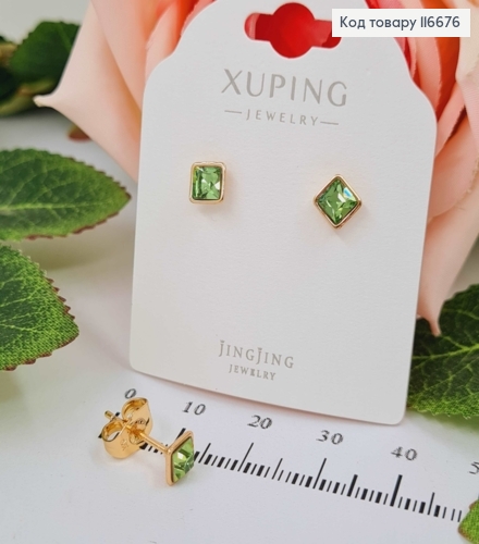 Серьги гвоздики, квадратики с зеленым камнем Сваровски, 5мм, Xuping 18K 116676 фото 2