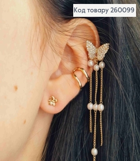 Набор серьг, Кафы(2шт)+Гвозди(1шт), БАБОЧКА с камешками и бусинками,золотого цвета, Сталь 260099 фото