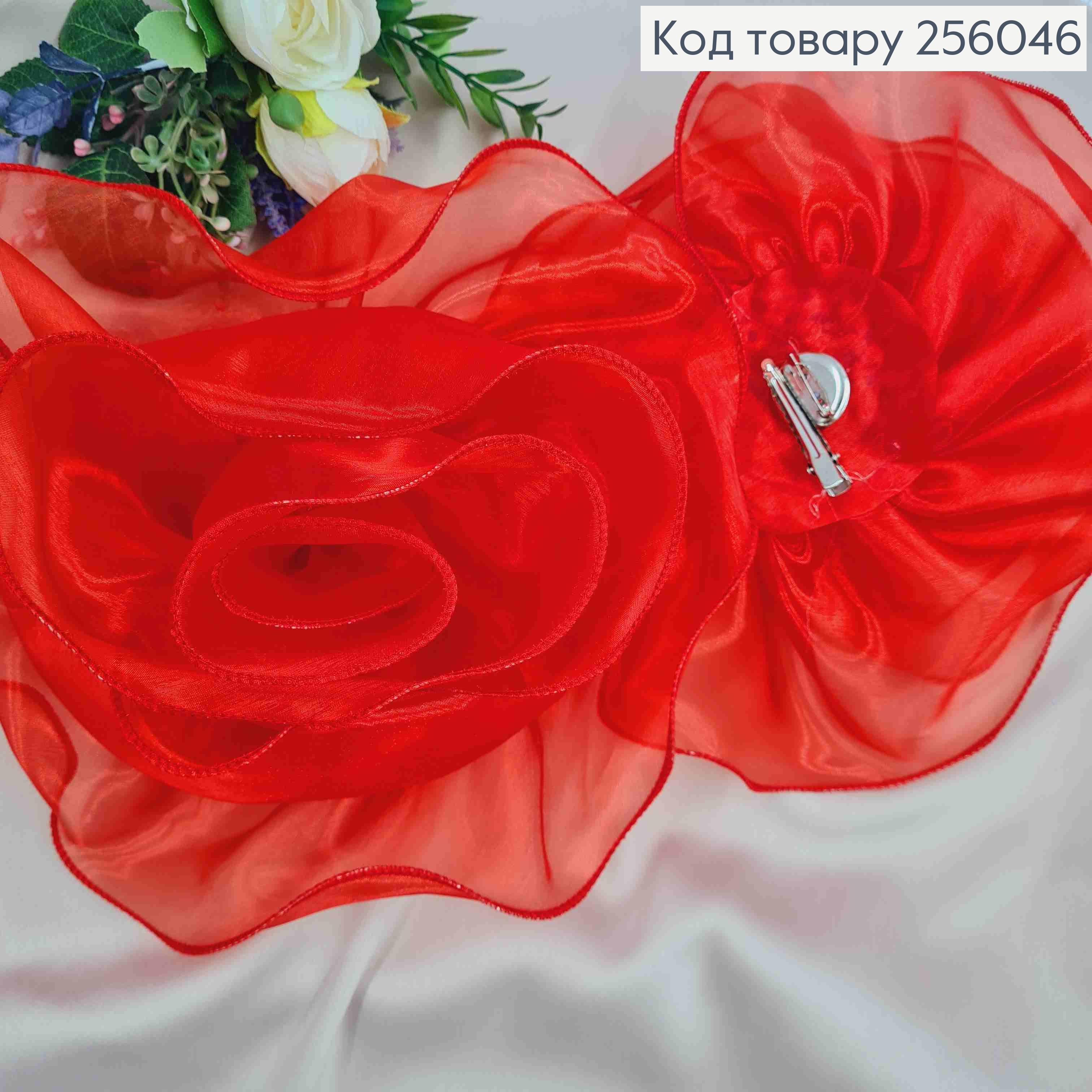 Брошь-заколка, объемная роза КРАСНОГО цвета, 24см, ткань органза кристаллин, ручная работа 256046 фото 2