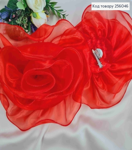 Брошь-заколка, объемная роза КРАСНОГО цвета, 24см, ткань органза кристаллин, ручная работа 256046 фото 2