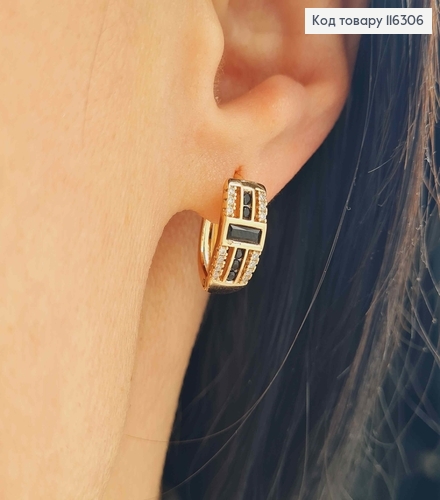 Сережки "Лоренцо" з чорним вітражним камінцем, 1,5см, англ.заст. Xuping 18K 116306 фото 2