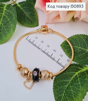 Браслет "Пандора" с черным шармиком с объемной лепкой и сердечком в камнях, длиной 20см. Xuping 18К 150893 фото