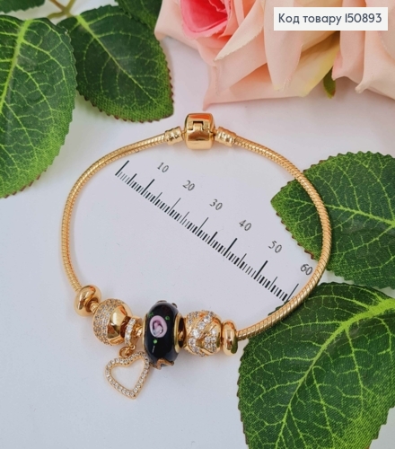 Браслет "Пандора" с черным шармиком с объемной лепкой и сердечком в камнях, длиной 20см. Xuping 18К 150893 фото 1