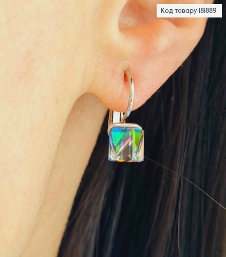 Серьги родованные с Квадратным Зеленым камнем Сваровски Хамелеон, 1,5см, застежка левербек, Xuping 181889 фото 1