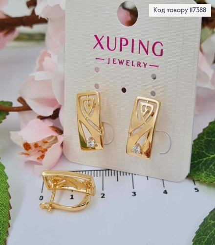 Серьги "Время" прямоугольная пластина с камешком, 1,6*0,8см, англ застежка, XUPING 18K 117388 фото 1