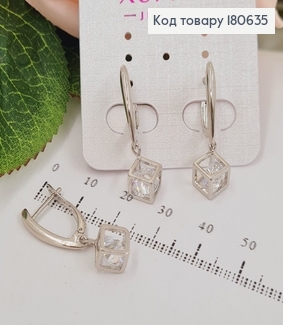 Сережки родированые, камень в кубе 3см, с английськой застежкой, Хuping 180635 фото