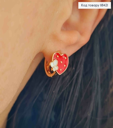 Серьги кольца "Красное Сердце" с Белой бабочкой, диаметр 1,3см, Xuping 18К 118421 фото 3