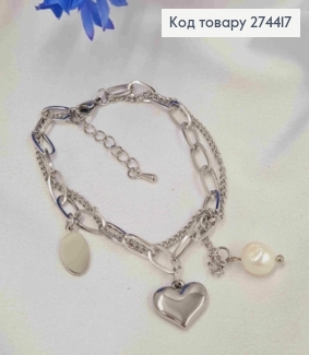Браслет серебряного цвета, двойной, с подвесками Жемчужкой и Сердечком, 17+3см 274417 фото