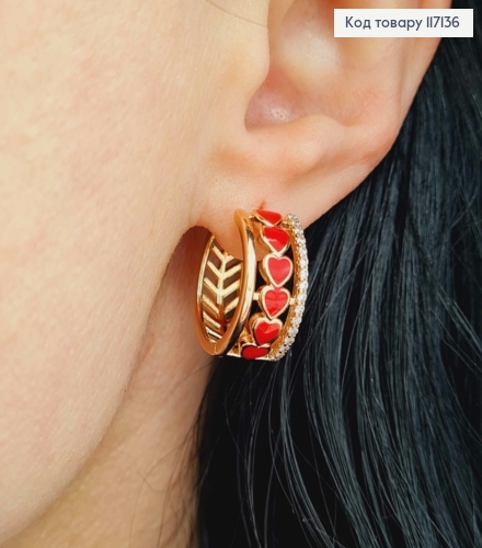 Серьги кольца с КРАСНЫМИ сердечками, диаметр 1,8см, ширина 0,9см, XUPING 18K 117136 фото 3