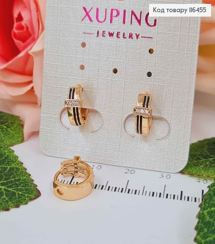 Серьги кольца 1см, с камешками ты черными линиями, Xuping 18К 116455 фото 1