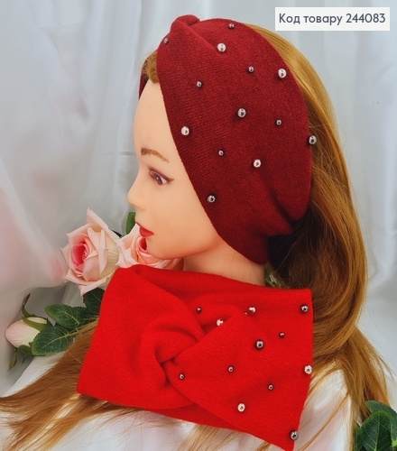 Повязка Ангора с бусинками КРАСНАЯ/БОРДО, 19*14см, Украина 275019 фото 1