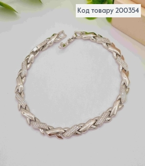 Браслет родований плетіння пластинками"Х" з Блискучими камінцями, довжина 17+2см, Xuping 200354 фото