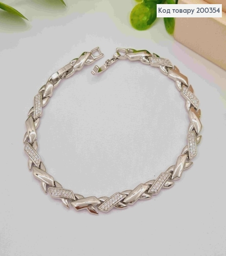 Браслет родований плетіння пластинками"Х" з Блискучими камінцями, довжина 17+2см, Xuping 200354 фото 1