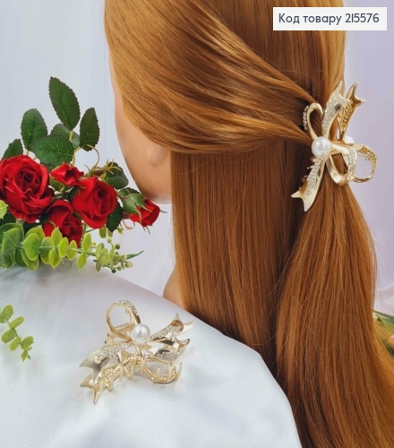 Краб металл, "Бантик" золотого цвета, с камнями и жемчужинами, 8см. 215576 фото 2
