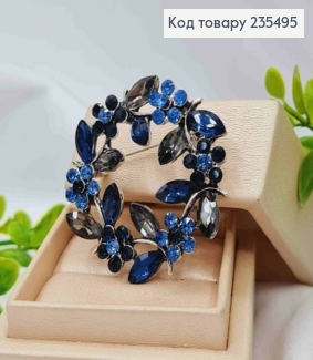 Брошка метал, "Квітковий Віночок" з Графітовими та Блакитними камінцями,  діаметр 4см. 235495 фото