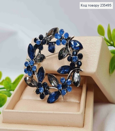 Брошь металл, "Цветочный Венчик" с Графитовыми и Голубыми камешками, диаметр 4см. 235495 фото 1