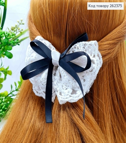 Бант БЕЛО-ЧЕРНОГО цвета, на заколке 7,5см, ткань кружево + атлас, размер 12*9,5см, ручная работа 262375 фото 1