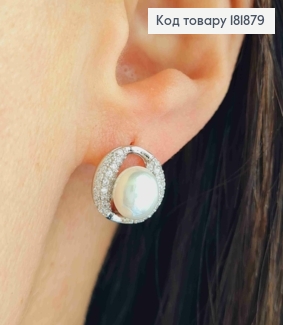 Серьги родованные с жемчужкой и блестящими камнями, 1,2см, английская застежка, Xuping 181879 фото