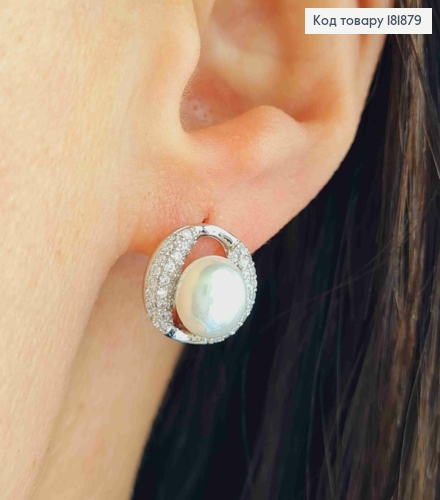 Серьги родованные с жемчужкой и блестящими камнями, 1,2см, английская застежка, Xuping 181879 фото 1