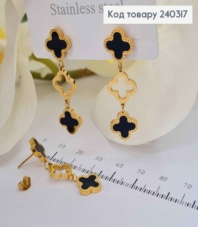 Серьги гвоздики, с подвеской четырехлистников черная эмаль, сталь Stainless Steel 240317 фото