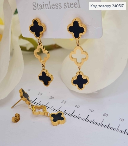 Серьги гвоздики, с подвеской четырехлистников черная эмаль, сталь Stainless Steel 240317 фото 1