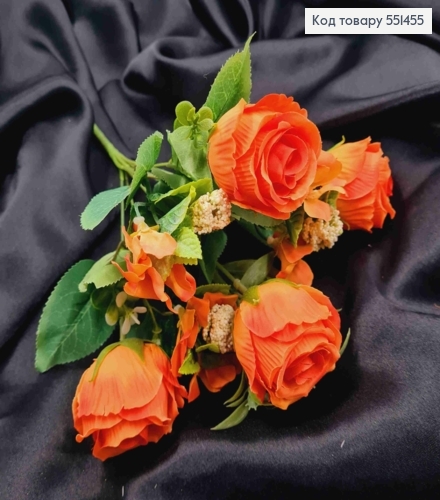 Искусственная композиция Розы с Жасмином, Оранжевого цвета, 7 веточек на металл.стержне, высота 33см 551455 фото 1