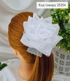 Резинка Бант, Белый, Органза, с жемчужками и блестящей сеточкой, 15см, ручная работа, Украина. 25254 фото