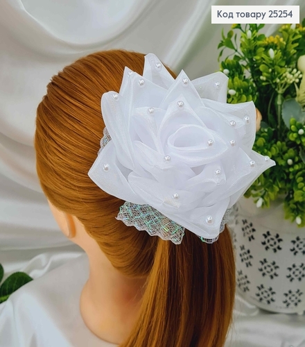 Резинка Бант, Белый, Органза, с жемчужками и блестящей сеточкой, 15см, ручная работа, Украина. 25254 фото 1