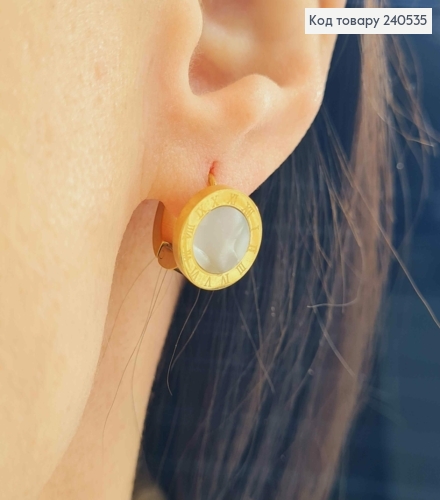 Серьги кольца, Римские часы с перламутровой эмалью, лимонного цвета, Stainless Steel 260034 фото 1