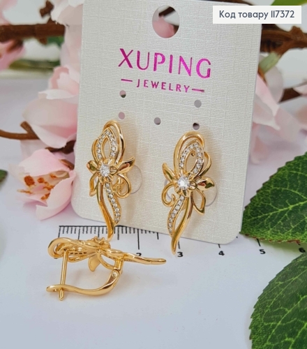 Серьги "Нежный Цветок" с камешками, длина 2,8см, англ застежка, XUPING 18K 117372 фото 2