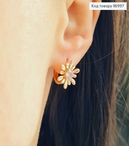 Серьги кольца 1см, Ромашка с розовым камешком, 1,4см, Xuping 18К 116997 фото 1