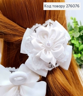 Бант БЕЛОГО цвета с Бусинкой, на резинке, ткань репс+сетево, 9см, ручная работа 276076 фото