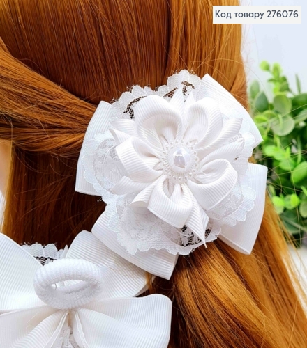 Бант БЕЛОГО цвета с Бусинкой, на резинке, ткань репс+сетево, 9см, ручная работа 276076 фото 1