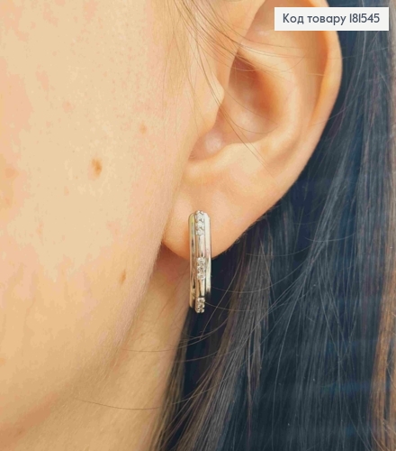 Сережки родованные, прямоугольная пластина украшена блестящими камешками, 1,9см, англ. застежка, Xuping 181545 фото 2
