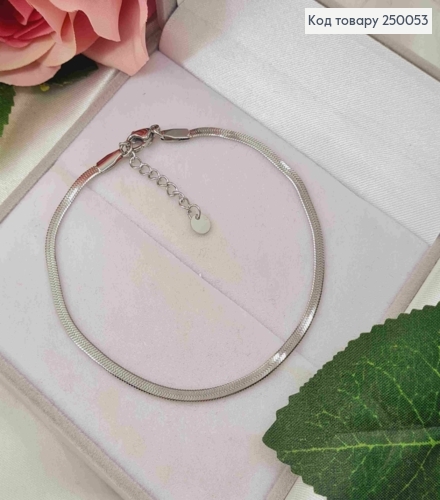 Браслет плоский срібного кольору, ширина 3мм, довжина 19+3см, сталь Stainless Steel 250053 фото 1