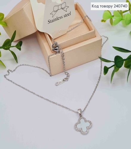 Цепочка серебряного цвета, с подвеской Van Cleef с Белой эмалью, 40+5см, сталь Stainless Steel 240740 фото 1