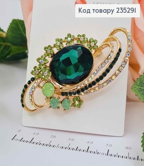 Брошь овальная Роскошная с большим камешком ИЗУМРУДНОГО цвета, 3*7см 235291 фото