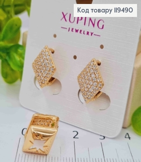 Серьги кольца "Ромбы" украшены Блестящими камешками, длина 1,3см, XUPING 18К 119490 фото