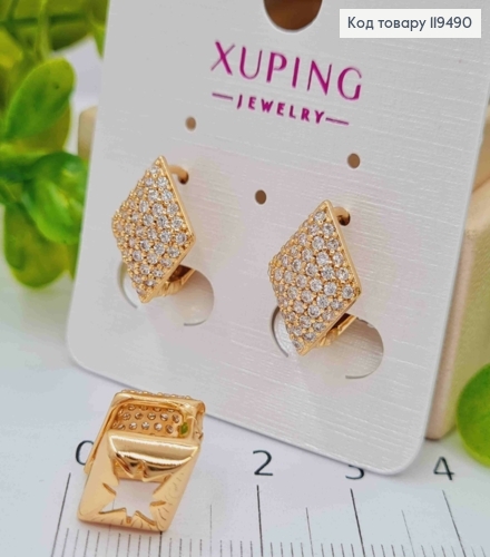 Серьги кольца "Ромбы" украшены Блестящими камешками, длина 1,3см, XUPING 18К 119490 фото 1