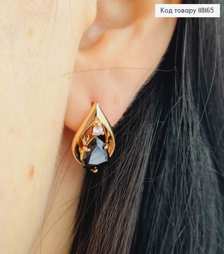 Серьги "СОФИ" с черным камнем, 1,5см, англ. заст., Xuping 18K 118165 фото 3