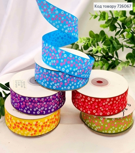 Лента репсовая, Цвета в ассортименте с принтом "Цветы", ширина 2,5см, длина 25 ярдов (23м) 726067 фото 1
