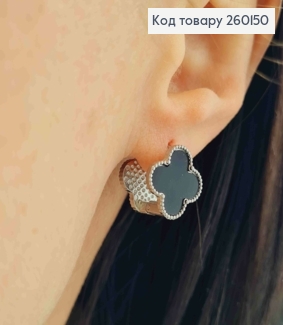 Серьги серебряного цвета, "Van Cleef" двойные с Черной эмалью, 1,3см, сталь Stainless Steel 260150 фото